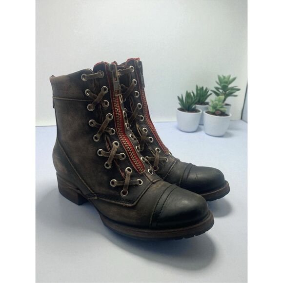 Freebird by Steven Liverpool 7 Brown Leather Lace Up Combat Boots Red Zip Women’ - Picture 2 of 11